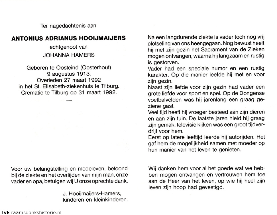 Antionius Adrianus Hooijmaijers Johanna Hamers