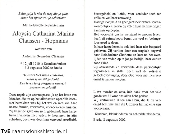 Aloysia Catharina Marina Hopmans Antonius Gerardus Claassen