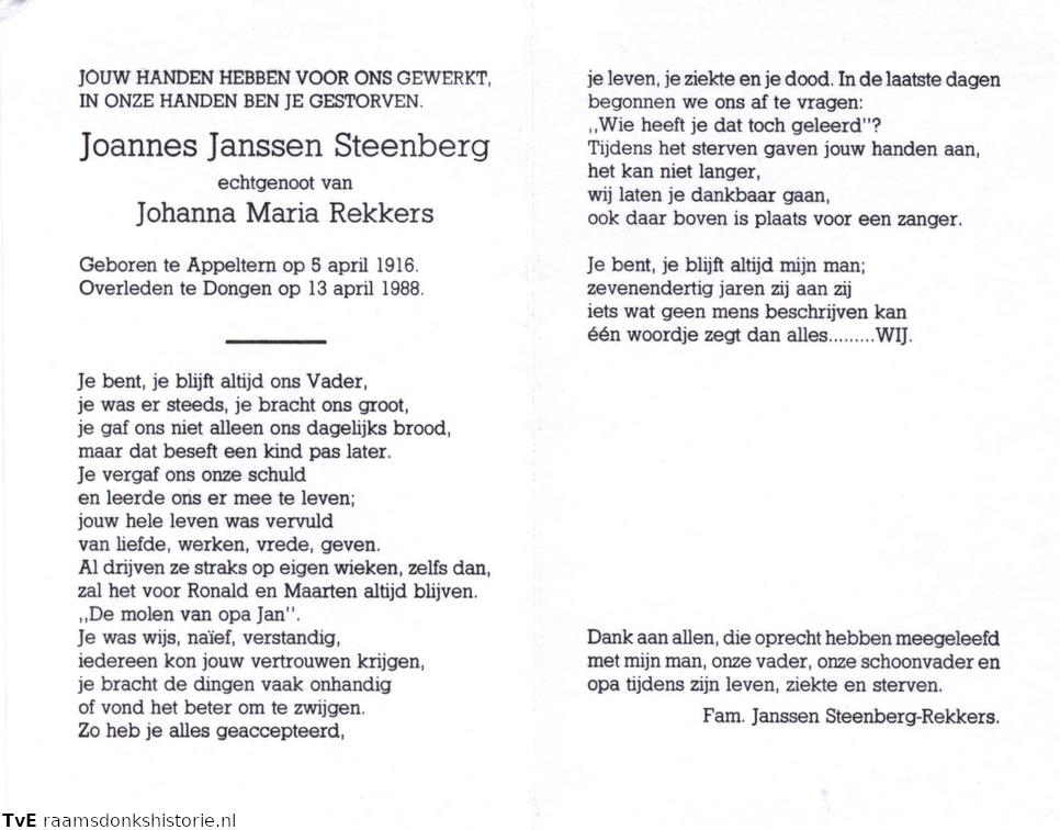 Janssen Steenberg Joannes  Johanna Maria Rekkers