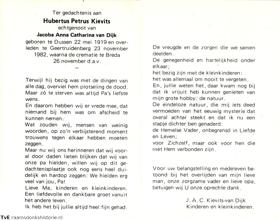 Hubertus Petrus Kievits- Jacoba Anna Catharina van Dijk