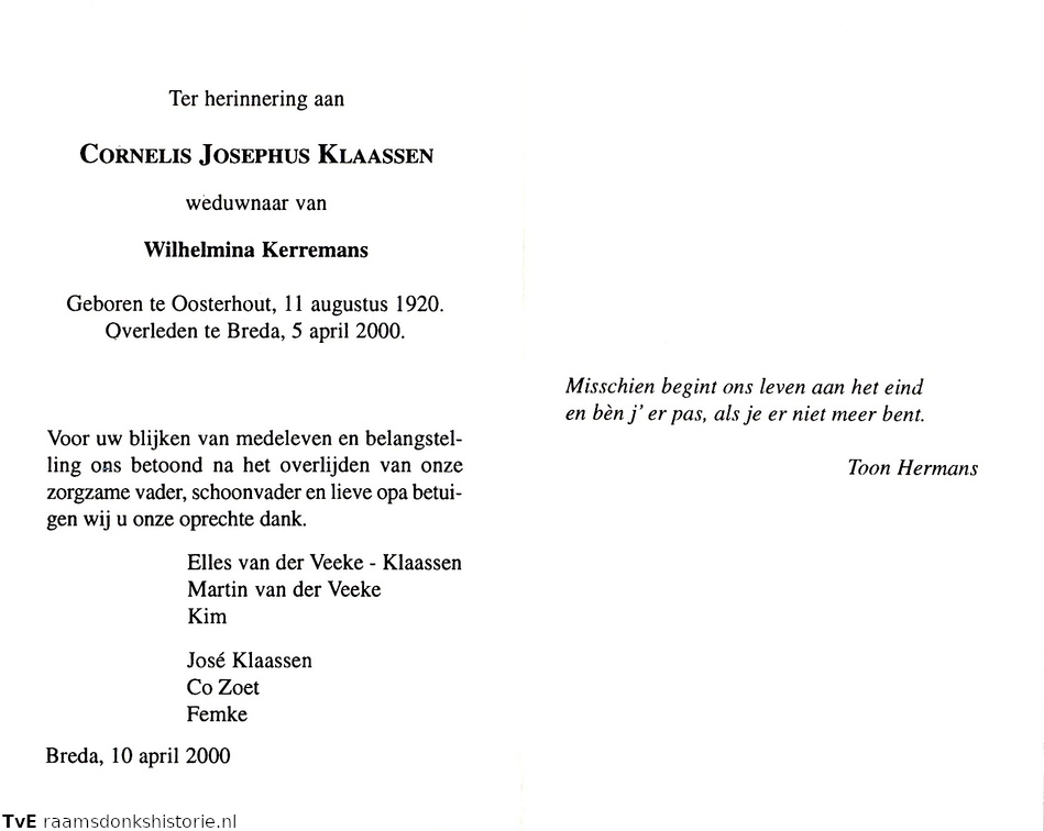 Cornelis Josephus Klaassen- Wilhelmina Kerremans