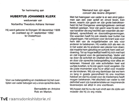 Hubertus Johannes Klerx Norbertha Theodora Adriana Vermeer