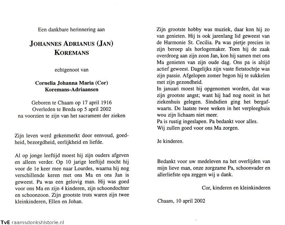 Johannes Adrianus Koremans- Cornelia Johanna Maria Adriaansen