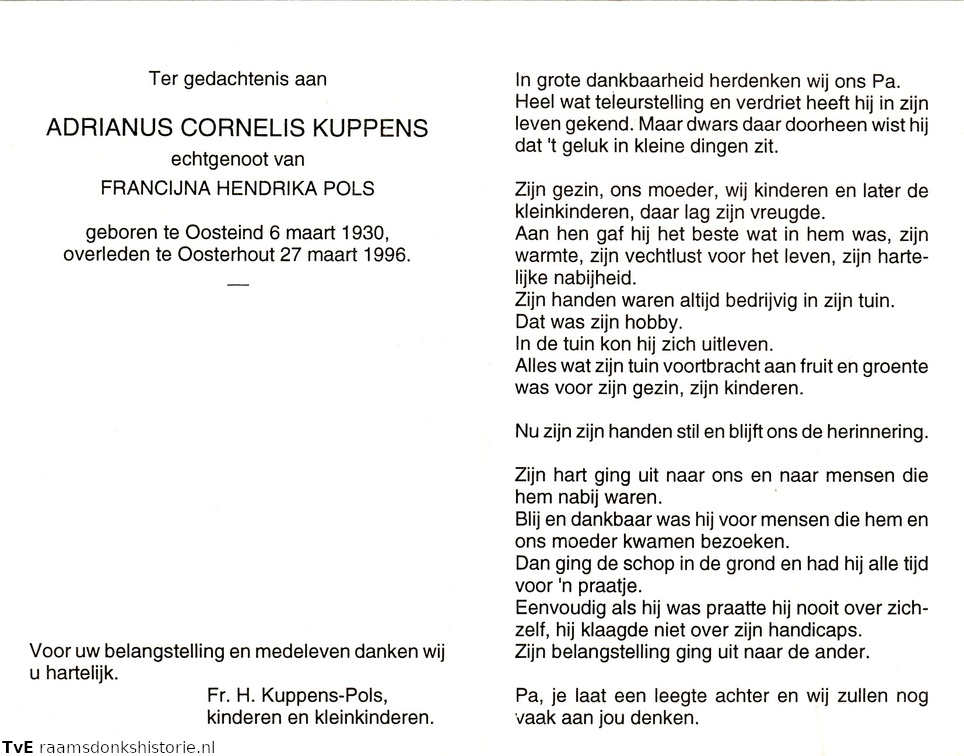 Adrianus Cornelis Kuppens- Francina Hendrika Pols