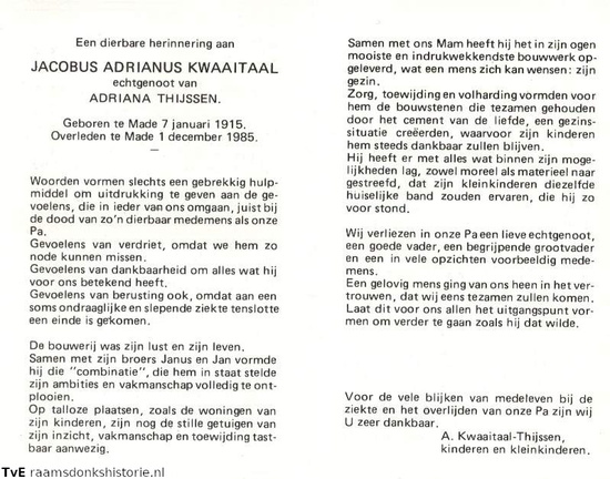 Jacobus Adrianus Kwaaitaal- Adriana Thijssen