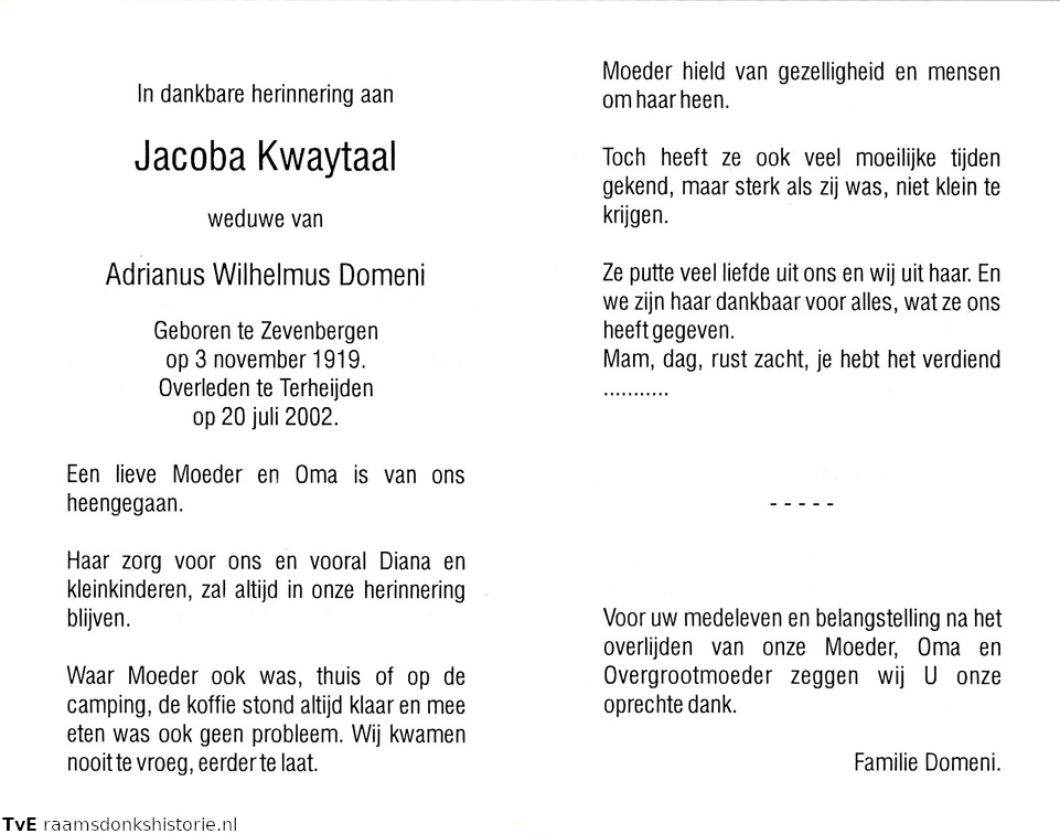 Jacoba Kwaytaal- Adrianus Wilhelmus Domeni