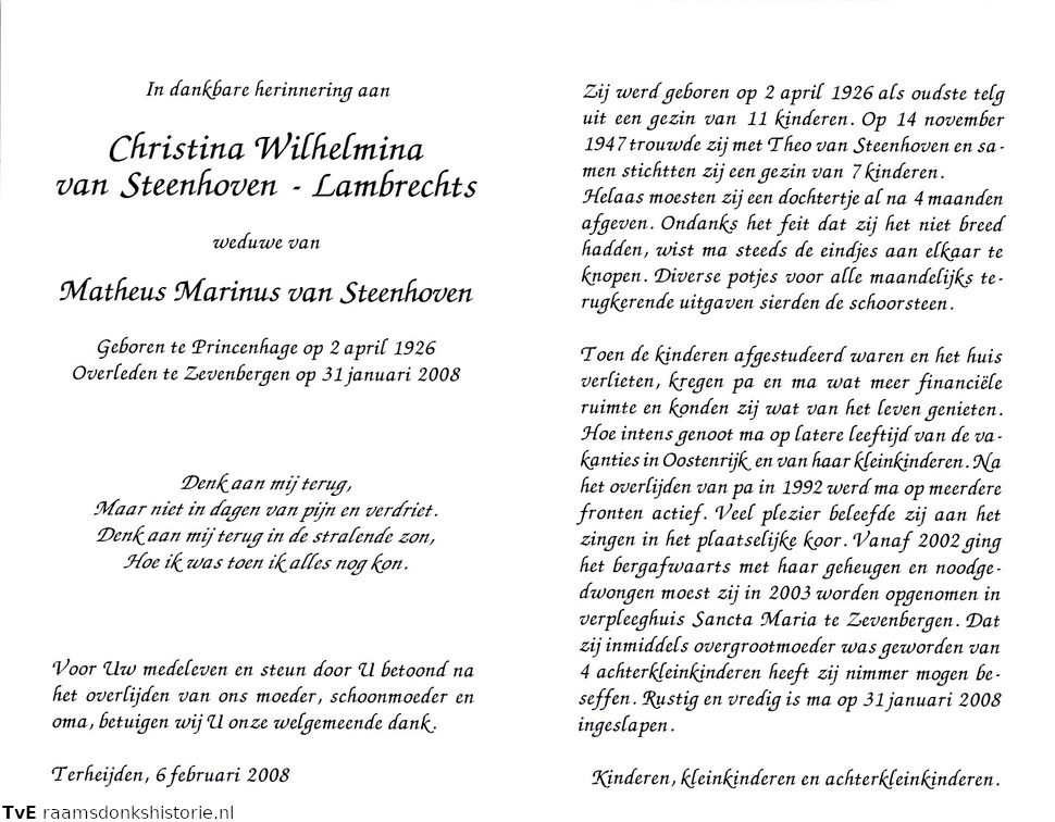 Christina Wilhelmina Lambrechts Matheus Marinus van Steenhoven
