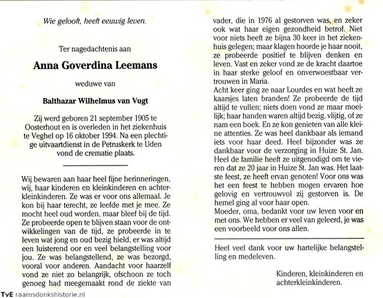 Anna Goverdina Leemans Balthazar Wilhelmus van Vugt