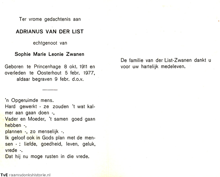 Adrianus van der List Sophie Marie Leonie Zwanen
