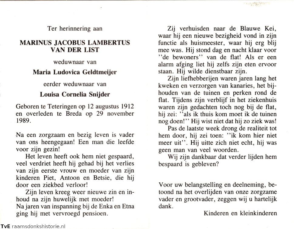 Marinus Jacobus Lambertus van der List Maria Ludovica Geldtmeijer Louisa Cornelia Snijder