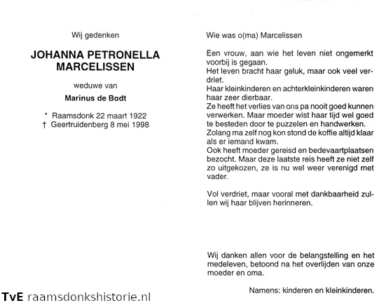 Johanna Petronella Marcelissen Marinus de Bodt