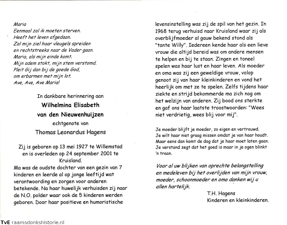Wilhelmina Elisabeth van den Nieuwenhuijzen- Thomas Leonardus Hagens