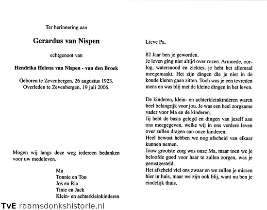 Gerardus van Nispen- Hendrika Helena van den Broek