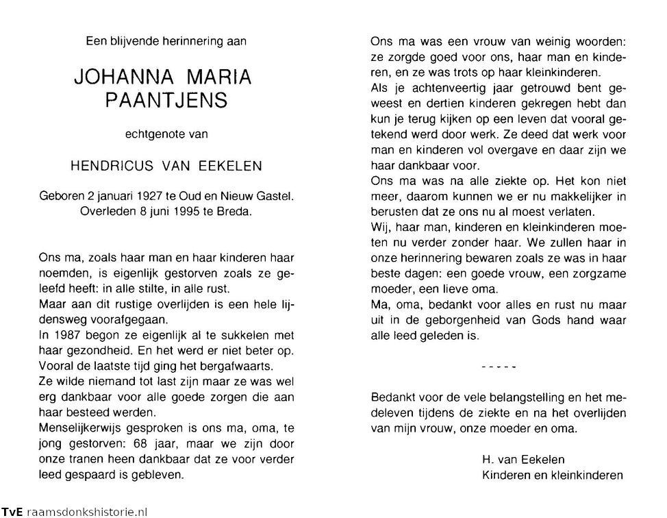 Johanna Maria Paantjens Hendricus van Eekelen