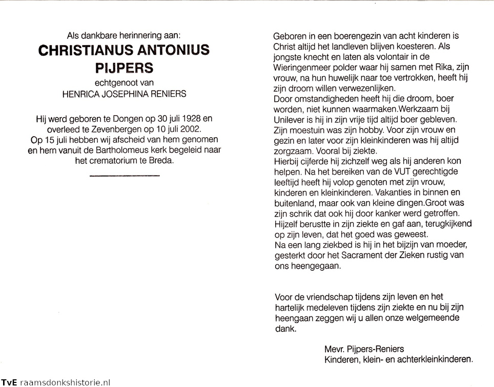 Christianus Antonius Pijpers  Henrica Josephina Reniers