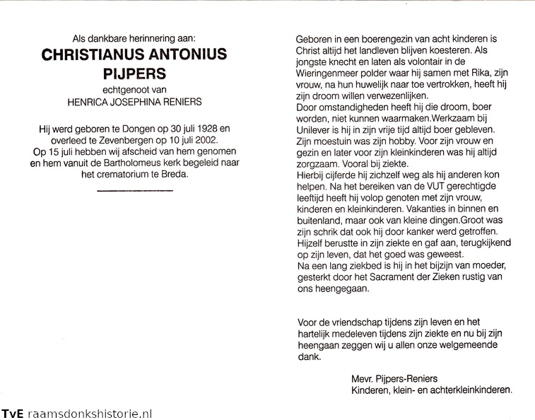 Christianus Antonius Pijpers  Henrica Josephina Reniers
