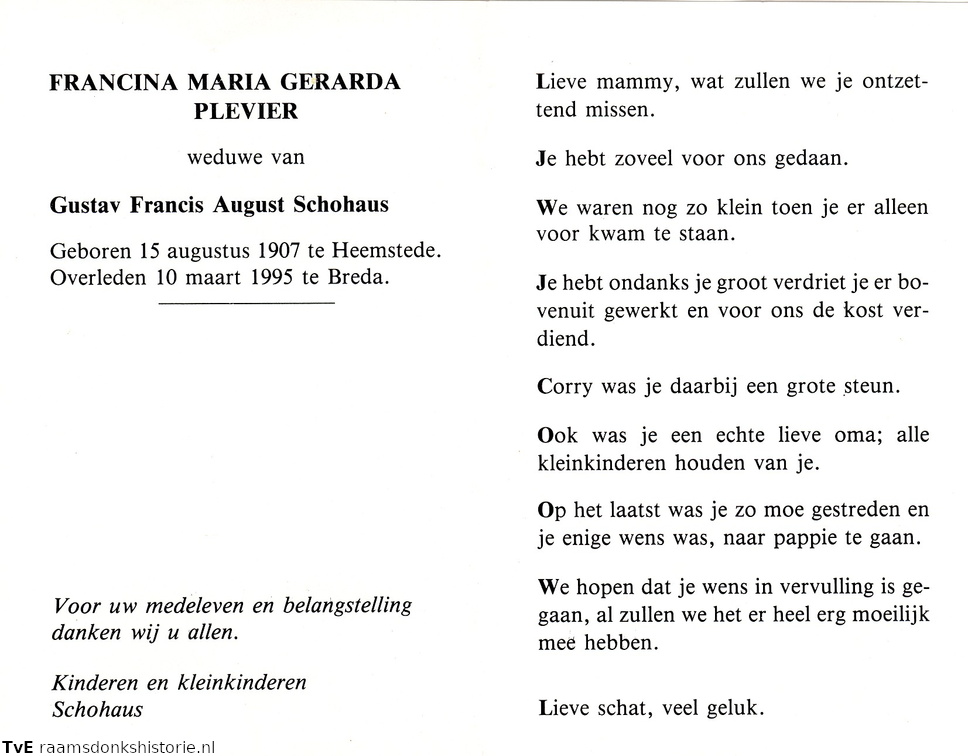 Francina Maria Gerarda Plevier Gustav Francis August Schohaus