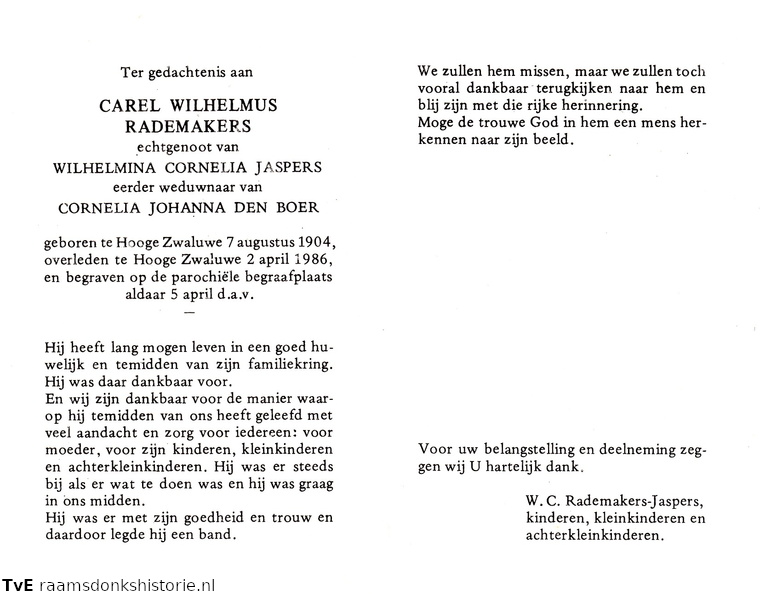 Carel Wilhelmus Rademakers Wilhelmina Cornelia Jaspers Cornelia Johanna den Boer