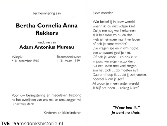 Bertha Cornelia Anna Rekkers Adam Antonius Mureau