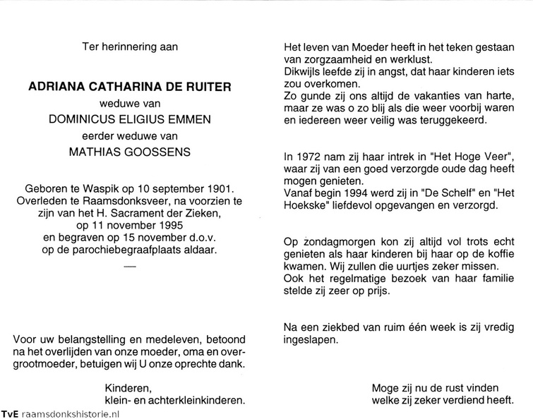 Adriana Catharina de Ruijter Dominicus Eligius Emmen Mathias Goossens