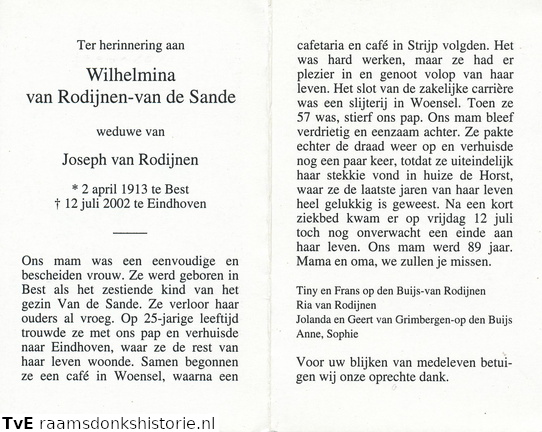 Wilhelmina  van de Sande Joseph van Rodijnen