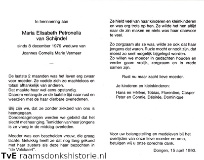 Maria Elisabeth Petronella van Schijndel Joannes Cornelis Maria Vermeer