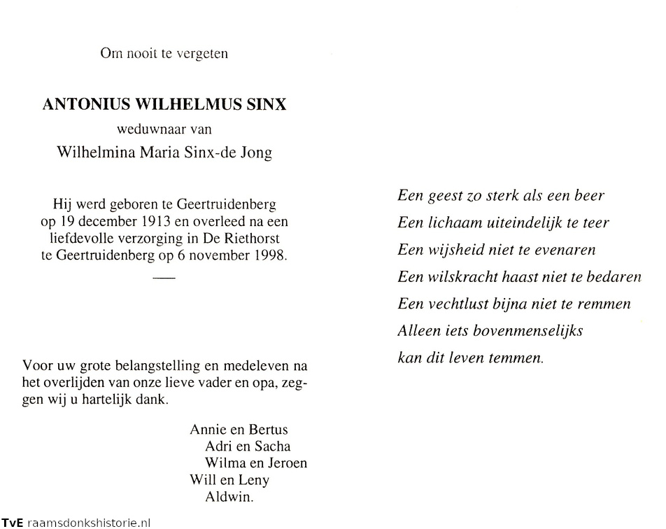 Antonius Wilhelmus Sinx Wilhelmina Maria de Jong