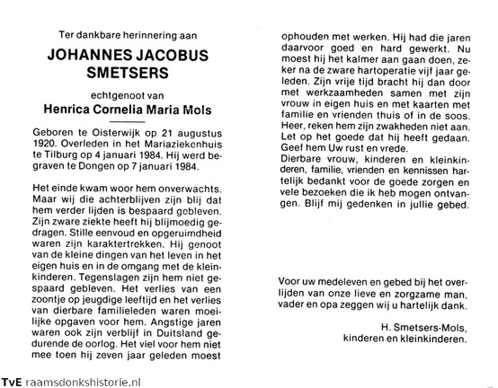 Johannes Jacobus Smetsers Henrica Cornelia Maria Mols