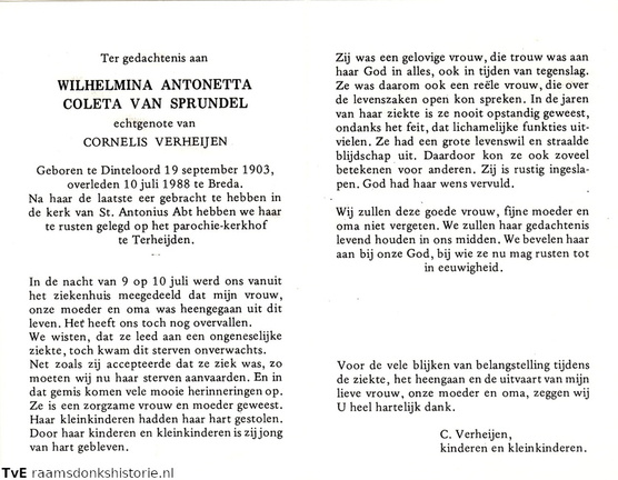 Wilhelmina Antonetta Coleta van Sprundel Cornelis Verheijen