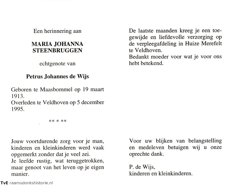 Maria Johanna Steenbruggen Petrus Johannes de Wijs