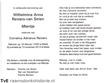 Wilhelmina Anna van Strien Cornelius Adrianus Reniers