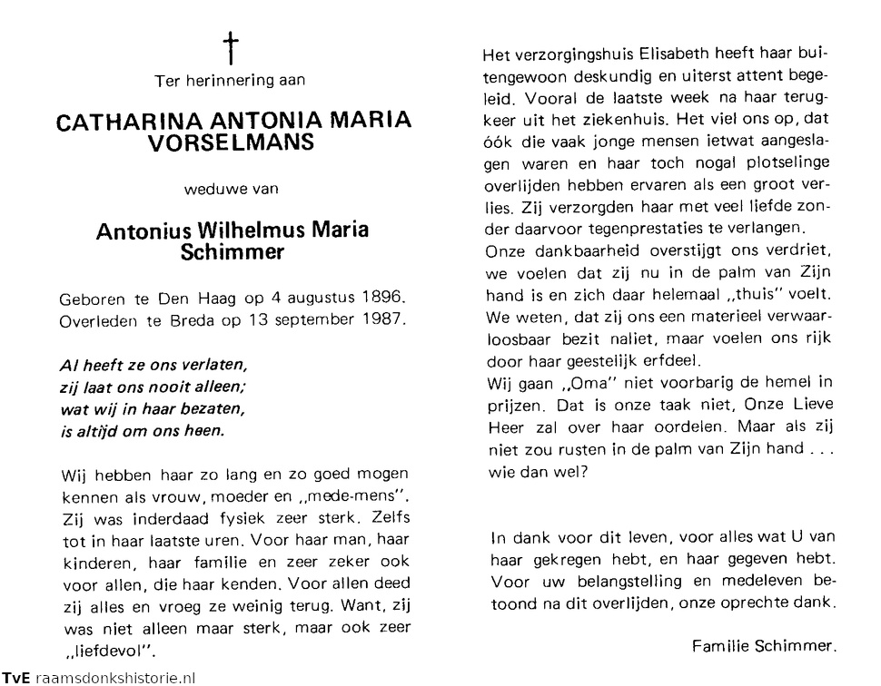 Catharina Antonia Maria Vorselmans Antonius Wilhelmus Maria Schimmer