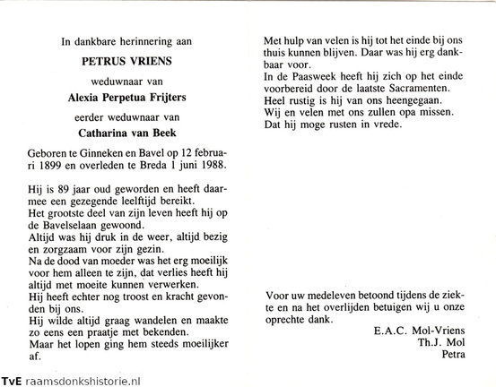 Petrus Vriens Alexia Perpetua Frijters Catharina van  Beek