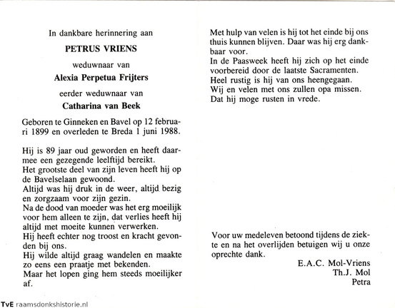 Petrus Vriens  Alexia Perpetua Frijters  Catharina van  Beek