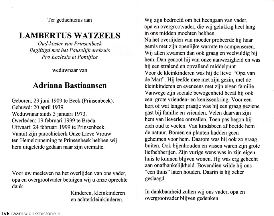 Lambertus Watzeels Adriana Bastiaansen