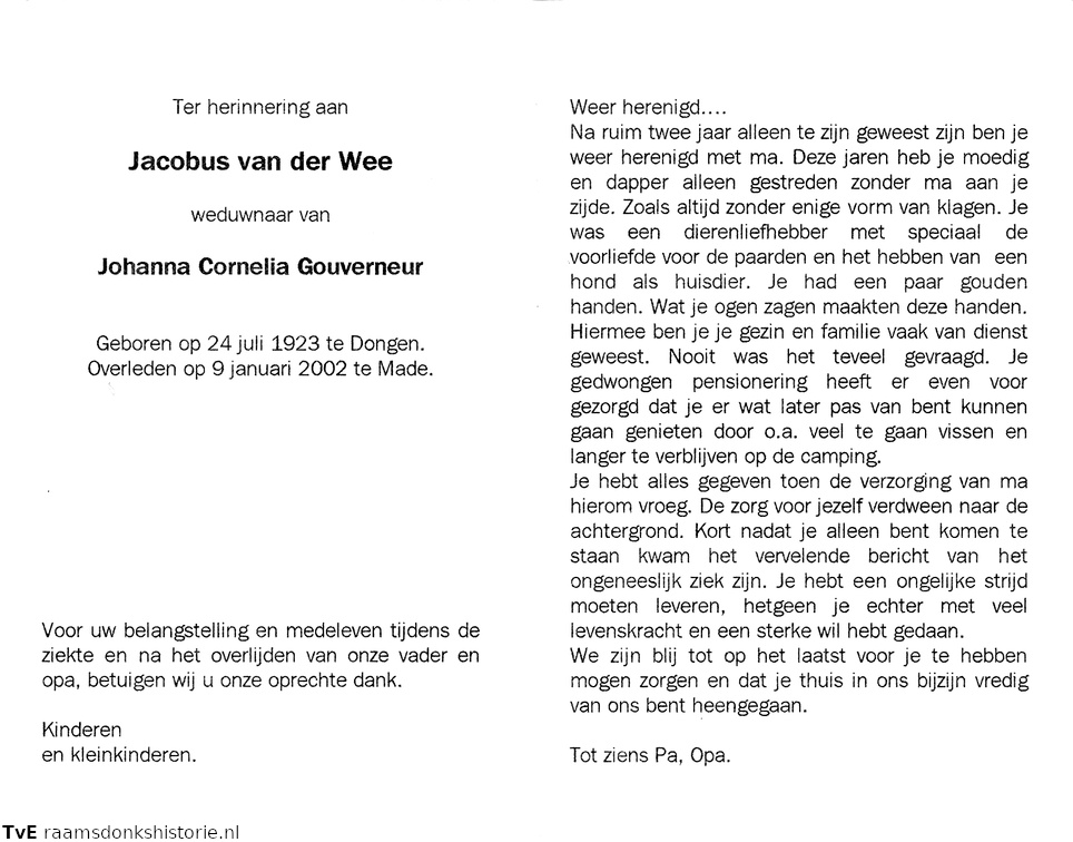 Jacobus van der Wee Johanna Cornelia Gouverneur