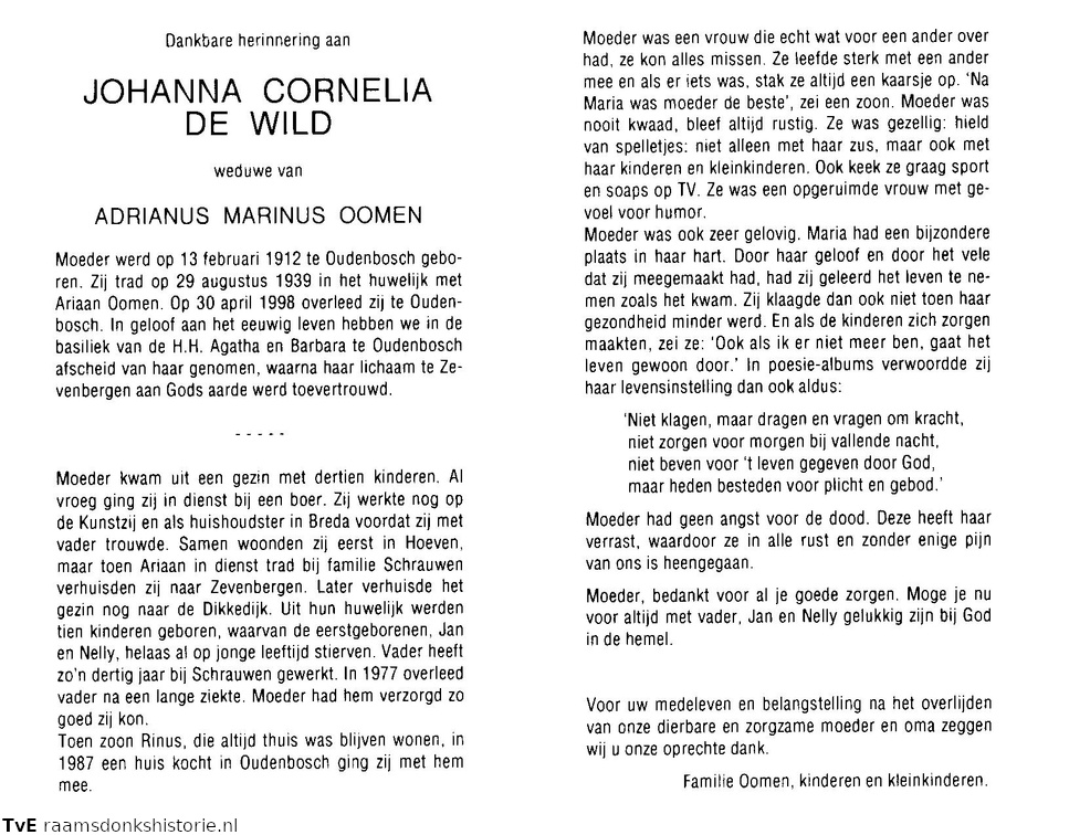 Johanna Cornelia de Wild Adrianus Marinus Oomen