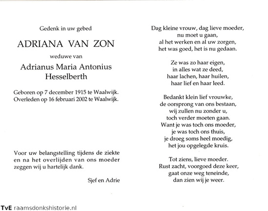 Adriana van Zon  Adrianus Maria Antonius Hesselberth